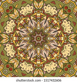 Seamless tracery tile mehndi design. Ethnic ornament, colorful doodle symmetry texture. Folk traditional spiritual tribal design. Curved doodling motif. Color art. Vector