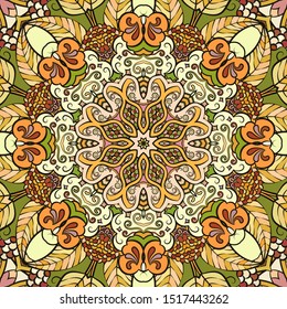 Seamless tracery tile mehndi design. Ethnic ornament, colorful doodle symmetry texture. Folk traditional spiritual tribal design. Curved doodling motif. Color art. Vector