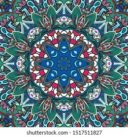 Seamless tracery tile mehndi design. Ethnic ornament, colorful doodle symmetry texture. Folk traditional spiritual tribal design. Curved doodling motif. Color art. Vector