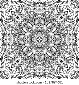 Seamless tracery tile mehndi design. Ethnic ornament, doodle symmetry texture. Folk traditional spiritual tribal design. Curved doodling motif. Binary monochrome black and white art. Vector