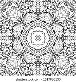 Seamless tracery tile mehndi design. Ethnic ornament, doodle symmetry texture. Folk traditional spiritual tribal design. Curved doodling motif. Binary monochrome black and white art. Vector