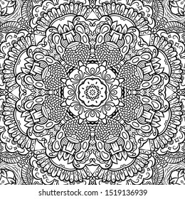 Seamless tracery tile mehndi design. Ethnic ornament, doodle symmetry texture. Folk traditional spiritual tribal design. Curved doodling motif. Binary monochrome black and white art. Vector
