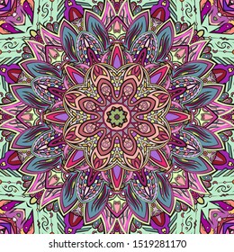 Seamless tracery tile mehndi design. Ethnic ornament, colorful doodle symmetry texture. Folk traditional spiritual tribal design. Curved doodling motif. Color art. Vector