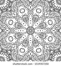 Seamless tracery tile mehndi design. Ethnic ornament, doodle symmetry texture. Folk traditional spiritual tribal design. Curved doodling motif. Binary monochrome black and white art. Vector