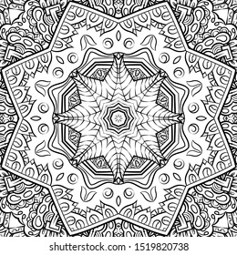 Seamless tracery tile mehndi design. Ethnic ornament, doodle symmetry texture. Folk traditional spiritual tribal design. Curved doodling motif. Binary monochrome black and white art. Vector