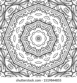Seamless tracery tile mehndi design. Ethnic ornament, doodle symmetry texture. Folk traditional spiritual tribal design. Curved doodling motif. Binary monochrome black and white art. Vector