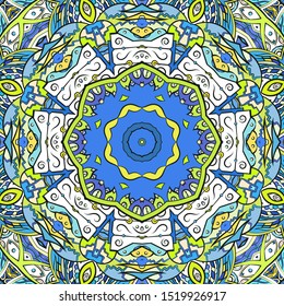 Seamless tracery tile mehndi design. Ethnic ornament, colorful doodle symmetry texture. Folk traditional spiritual tribal design. Curved doodling motif. Color art. Vector
