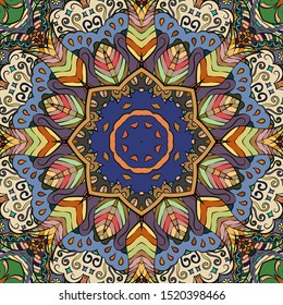 Seamless tracery tile mehndi design. Ethnic ornament, colorful doodle symmetry texture. Folk traditional spiritual tribal design. Curved doodling motif. Color art. Vector