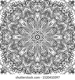 Seamless tracery tile mehndi design. Ethnic ornament, doodle symmetry texture. Folk traditional spiritual tribal design. Curved doodling motif. Binary monochrome black and white art. Vector