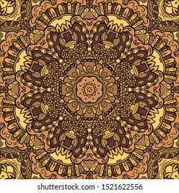 Seamless tracery tile mehndi design. Ethnic ornament, colorful doodle symmetry texture. Folk traditional spiritual tribal design. Curved doodling motif. Color art. Vector