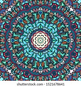 Seamless tracery tile mehndi design. Ethnic ornament, colorful doodle symmetry texture. Folk traditional spiritual tribal design. Curved doodling motif. Color art. Vector