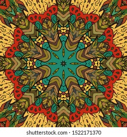 Seamless tracery tile mehndi design. Ethnic ornament, colorful doodle symmetry texture. Folk traditional spiritual tribal design. Curved doodling motif. Color art. Vector