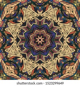 Seamless tracery tile mehndi design. Ethnic ornament, colorful doodle symmetry texture. Folk traditional spiritual tribal design. Curved doodling motif. Color art. Vector