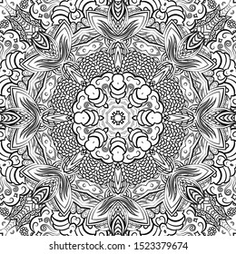 Seamless tracery tile mehndi design. Ethnic ornament, doodle symmetry texture. Folk traditional spiritual tribal design. Curved doodling motif. Binary monochrome black and white art. Vector