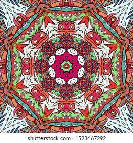 Seamless tracery tile mehndi design. Ethnic ornament, colorful doodle symmetry texture. Folk traditional spiritual tribal design. Curved doodling motif. Color art. Vector