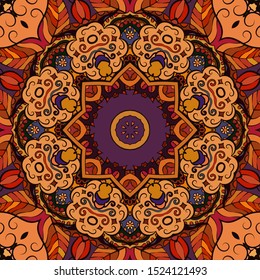 Seamless tracery tile mehndi design. Ethnic ornament, colorful doodle symmetry texture. Folk traditional spiritual tribal design. Curved doodling motif. Color art. Vector