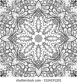 Seamless tracery tile mehndi design. Ethnic ornament, doodle symmetry texture. Folk traditional spiritual tribal design. Curved doodling motif. Binary monochrome black and white art. Vector