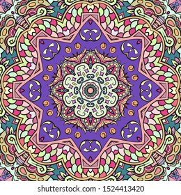 Seamless tracery tile mehndi design. Ethnic ornament, colorful doodle symmetry texture. Folk traditional spiritual tribal design. Curved doodling motif. Color art. Vector