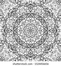 Seamless tracery tile mehndi design. Ethnic ornament, doodle symmetry texture. Folk traditional spiritual tribal design. Curved doodling motif. Binary monochrome black and white art. Vector
