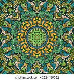 Seamless tracery tile mehndi design. Ethnic ornament, colorful doodle symmetry texture. Folk traditional spiritual tribal design. Curved doodling motif. Color art. Vector
