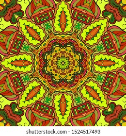 Seamless tracery tile mehndi design. Ethnic ornament, colorful doodle symmetry texture. Folk traditional spiritual tribal design. Curved doodling motif. Color art. Vector