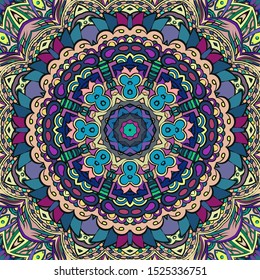 Seamless tracery tile mehndi design. Ethnic ornament, colorful doodle symmetry texture. Folk traditional spiritual tribal design. Curved doodling motif. Color art. Vector