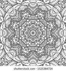 Seamless tracery tile mehndi design. Ethnic ornament, doodle symmetry texture. Folk traditional spiritual tribal design. Curved doodling motif. Binary monochrome black and white art. Vector