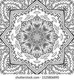 Seamless tracery tile mehndi design. Ethnic ornament, doodle symmetry texture. Folk traditional spiritual tribal design. Curved doodling motif. Binary monochrome black and white art. Vector