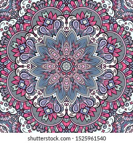 Seamless tracery tile mehndi design. Ethnic ornament, colorful doodle symmetry texture. Folk traditional spiritual tribal design. Curved doodling motif. Color art. Vector