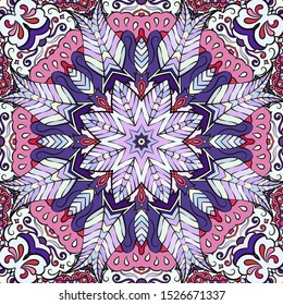 Seamless tracery tile mehndi design. Ethnic ornament, colorful doodle symmetry texture. Folk traditional spiritual tribal design. Curved doodling motif. Color art. Vector