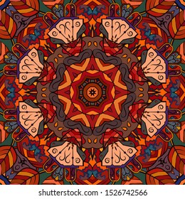 Seamless tracery tile mehndi design. Ethnic ornament, colorful doodle symmetry texture. Folk traditional spiritual tribal design. Curved doodling motif. Color art. Vector