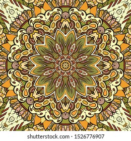 Seamless tracery tile mehndi design. Ethnic ornament, colorful doodle symmetry texture. Folk traditional spiritual tribal design. Curved doodling motif. Color art. Vector
