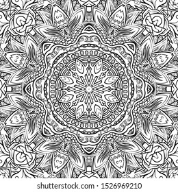 Seamless tracery tile mehndi design. Ethnic ornament, doodle symmetry texture. Folk traditional spiritual tribal design. Curved doodling motif. Binary monochrome black and white art. Vector
