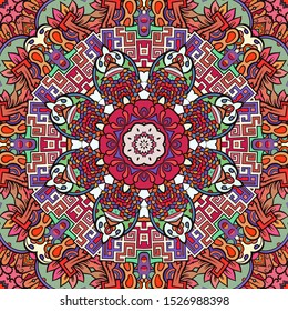 Seamless tracery tile mehndi design. Ethnic ornament, colorful doodle symmetry texture. Folk traditional spiritual tribal design. Curved doodling motif. Color art. Vector