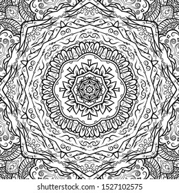 Seamless tracery tile mehndi design. Ethnic ornament, doodle symmetry texture. Folk traditional spiritual tribal design. Curved doodling motif. Binary monochrome black and white art. Vector