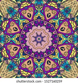 Seamless tracery tile mehndi design. Ethnic ornament, colorful doodle symmetry texture. Folk traditional spiritual tribal design. Curved doodling motif. Color art. Vector