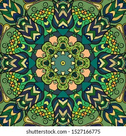Seamless tracery tile mehndi design. Ethnic ornament, colorful doodle symmetry texture. Folk traditional spiritual tribal design. Curved doodling motif. Color art. Vector