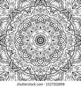 Seamless tracery tile mehndi design. Ethnic ornament, doodle symmetry texture. Folk traditional spiritual tribal design. Curved doodling motif. Binary monochrome black and white art. Vector