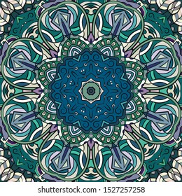 Seamless tracery tile mehndi design. Ethnic ornament, colorful doodle symmetry texture. Folk traditional spiritual tribal design. Curved doodling motif. Color art. Vector