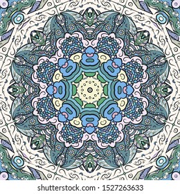 Seamless tracery tile mehndi design. Ethnic ornament, colorful doodle symmetry texture. Folk traditional spiritual tribal design. Curved doodling motif. Color art. Vector