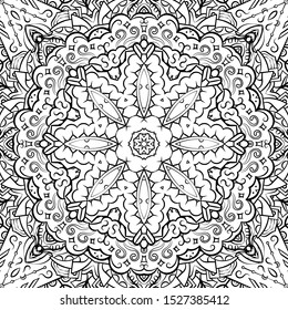 Seamless tracery tile mehndi design. Ethnic ornament, doodle symmetry texture. Folk traditional spiritual tribal design. Curved doodling motif. Binary monochrome black and white art. Vector