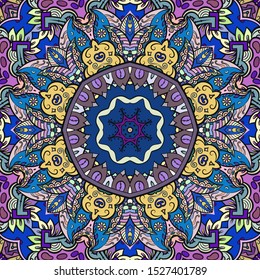 Seamless tracery tile mehndi design. Ethnic ornament, colorful doodle symmetry texture. Folk traditional spiritual tribal design. Curved doodling motif. Color art. Vector