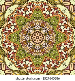 Seamless tracery tile mehndi design. Ethnic ornament, colorful doodle symmetry texture. Folk traditional spiritual tribal design. Curved doodling motif. Color art. Vector