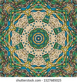 Seamless tracery tile mehndi design. Ethnic ornament, colorful doodle symmetry texture. Folk traditional spiritual tribal design. Curved doodling motif. Color art. Vector