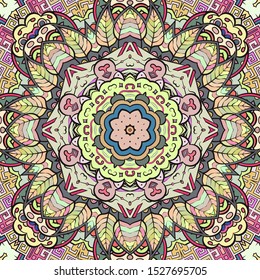 Seamless tracery tile mehndi design. Ethnic ornament, colorful doodle symmetry texture. Folk traditional spiritual tribal design. Curved doodling motif. Color art. Vector