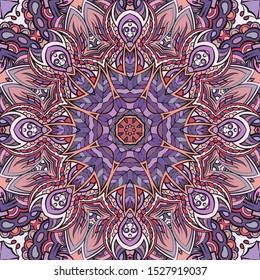 Seamless tracery tile mehndi design. Ethnic ornament, colorful doodle symmetry texture. Folk traditional spiritual tribal design. Curved doodling motif. Color art. Vector