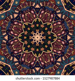 Seamless tracery tile mehndi design. Ethnic ornament, colorful doodle symmetry texture. Folk traditional spiritual tribal design. Curved doodling motif. Color art. Vector