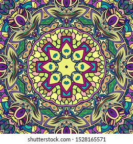 Seamless tracery tile mehndi design. Ethnic ornament, colorful doodle symmetry texture. Folk traditional spiritual tribal design. Curved doodling motif. Color art. Vector