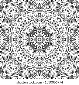 Seamless tracery tile mehndi design. Ethnic ornament, doodle symmetry texture. Folk traditional spiritual tribal design. Curved doodling motif. Binary monochrome black and white art. Vector