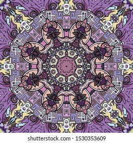 Seamless tracery tile mehndi design. Ethnic ornament, colorful doodle symmetry texture. Folk traditional spiritual tribal design. Curved doodling motif. Color art. Vector